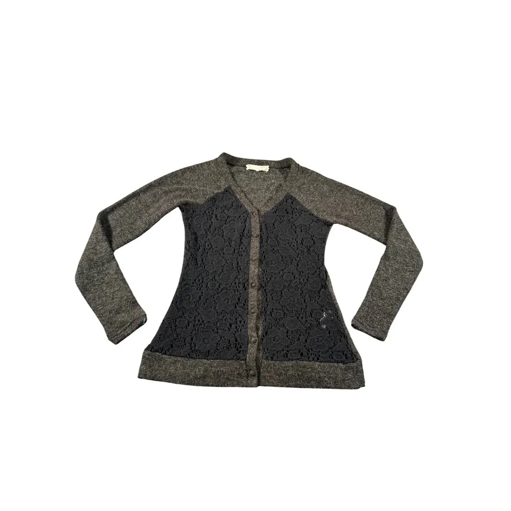 A'Reve‎ Womens Charcoal Grey Knit Cardigan Black Floral Lace Overlay V-Neck SZ S